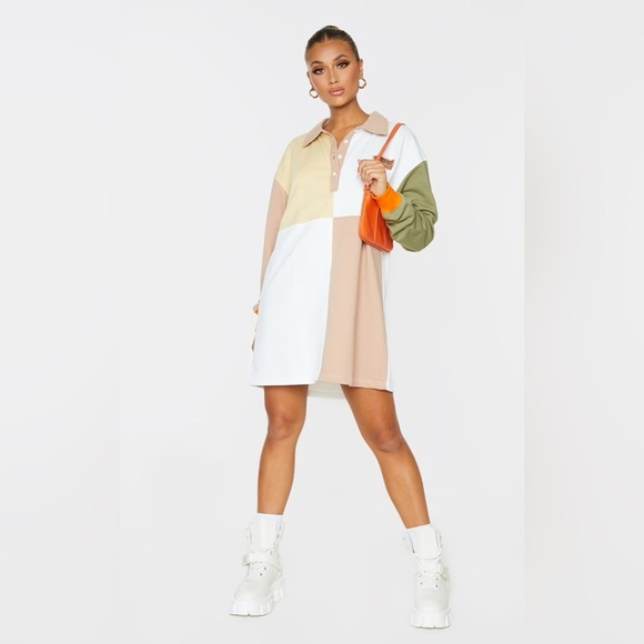 3/$30 🍂 PrettyLittleThing Stone Contrast Block Sweatshirt Dress - Picture 1 of 12
